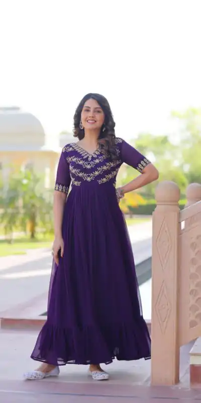 KA 1172 Purple in Faux Blooming Embroidery Work & Sequins Work Gown . Affordable Price ₹1749. Delivery 4-6 Working Days. Shop now. | Gowns, Bollywood Gowns, Creative Gowns, Designer Gowns, Embroidered Gowns, Party Wear Gowns