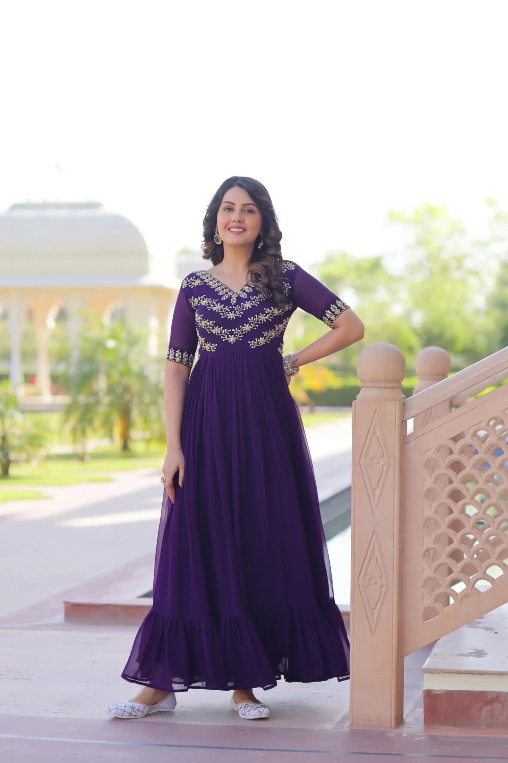KA 1172 Purple in Faux Blooming Embroidery Work & Sequins Work Gown . Affordable Price ₹1749. Delivery 4-6 Working Days. Shop now. | Gowns, Bollywood Gowns, Creative Gowns, Designer Gowns, Embroidered Gowns, Party Wear Gowns
