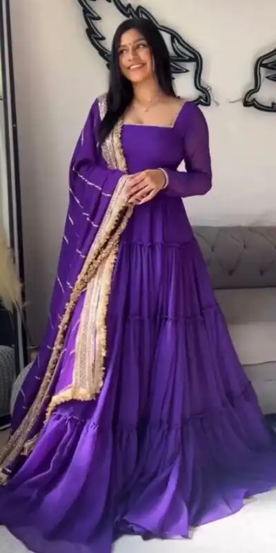 KD 1539 Purple Faux Georgette Ruffle Style Gown. Wedding, Party, Festive, Events Grab it for ₹2099. Delivery 4-6 Working Days. Shop now. | Gowns, Bollywood Gowns, Creative Gowns, Designer Gowns, Embroidered Gowns, Party Wear Gowns