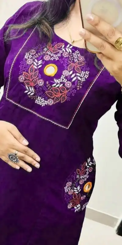 MF 1114 Purple Soft Cotton Slub Kurti with Embroidery Work. Wedding, Party, Festive, Events, Grab it for ₹1549. Delivery 4-6 Working Days. Shop now. | Kurti, Bollywood Kurti, Creative Kurtis, Designer Kurti, Party Wear Kurti, Selfie Kurti