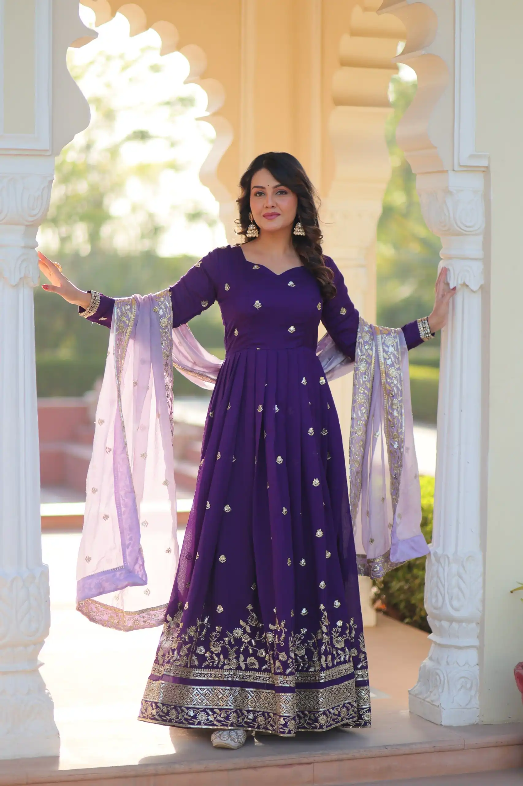 KA 1206 Purple in Star GeorgetteFandy Zari Work & Embroidery Work Gown . Introductory Price ₹2549. Delivery 4-6 Working Days. Shop now. | Gowns, Bollywood Gowns, Creative Gowns, Designer Gowns, Embroidered Gowns, Party Wear Gowns