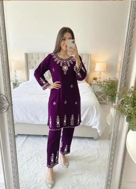 BE 423 Purple Velvet Salwar Suit with Embroidery Work & Mirror Work. Now at just ₹1849. Delivery 4-6 Working Days. Shop now. | Jump Suits, Tops & Bottoms, Track Suits, Trendy Wear, Salwar suit, Designer Suits, Casual Suits, Creative suits, Palazzo Suits, Party Wear Suits, Patiala Suits, Straight Suits