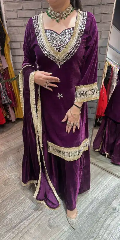LG 2044 Purple in Velvet Mirror Work & Embroidery Work Salwar Suit . Best Price ₹2599. Delivery 4-6 Working Days. Shop now. | Jump Suits, Tops & Bottoms, Track Suits, Trendy Wear, Salwar suit, Designer Suits, Casual Suits, Creative suits, Palazzo Suits, Party Wear Suits, Patiala Suits, Straight Suits