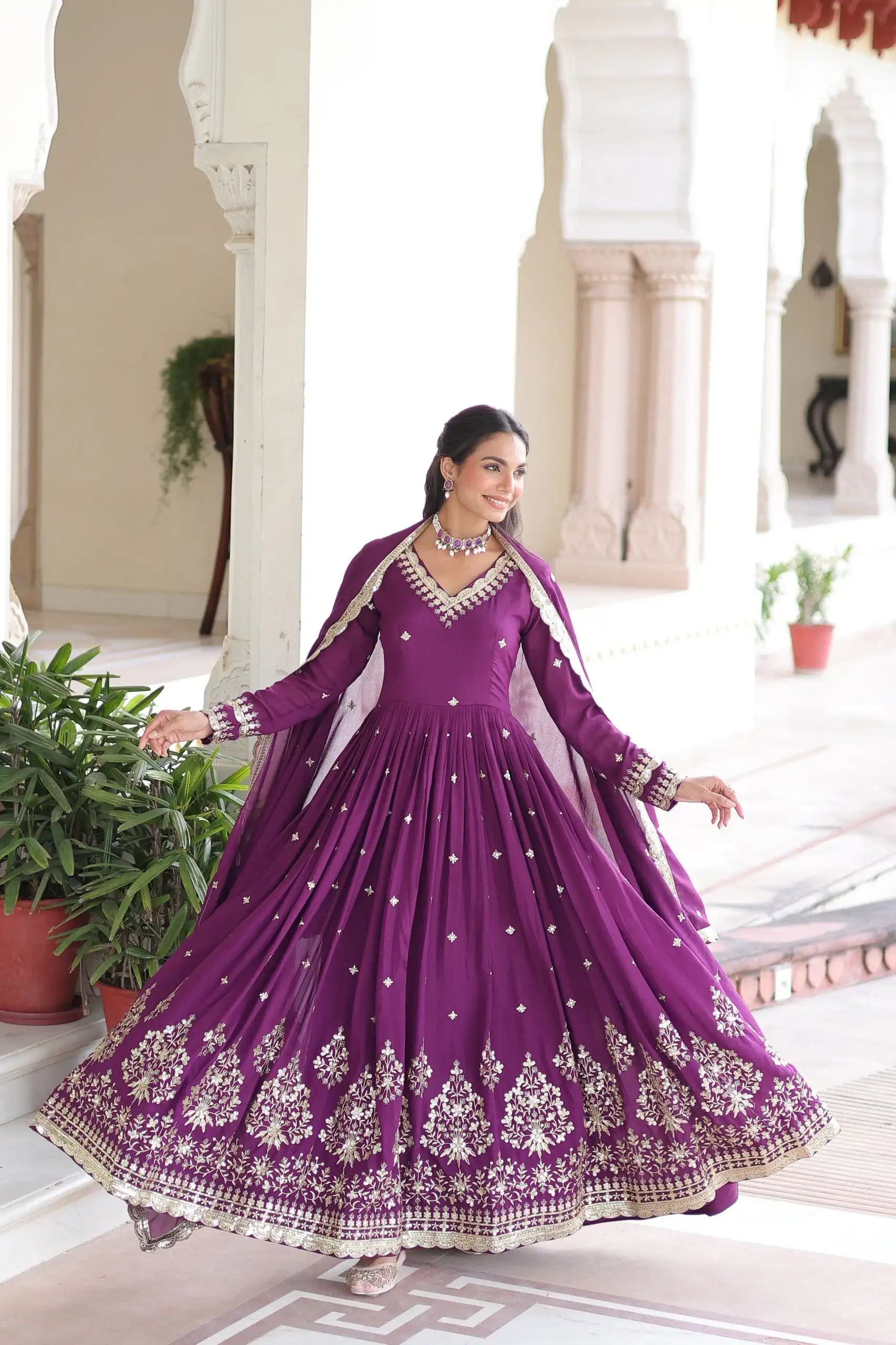 KA 1214 Purple Vichitra Silk Gown Perfect for Wedding, Party, Lohri, Onam, Festival Celebrations – . Grab it for ₹2449. Delivery 4-6 Working Days. | Gowns, Bollywood Gowns, Creative Gowns, Designer Gowns, Embroidered Gowns, Party Wear Gowns