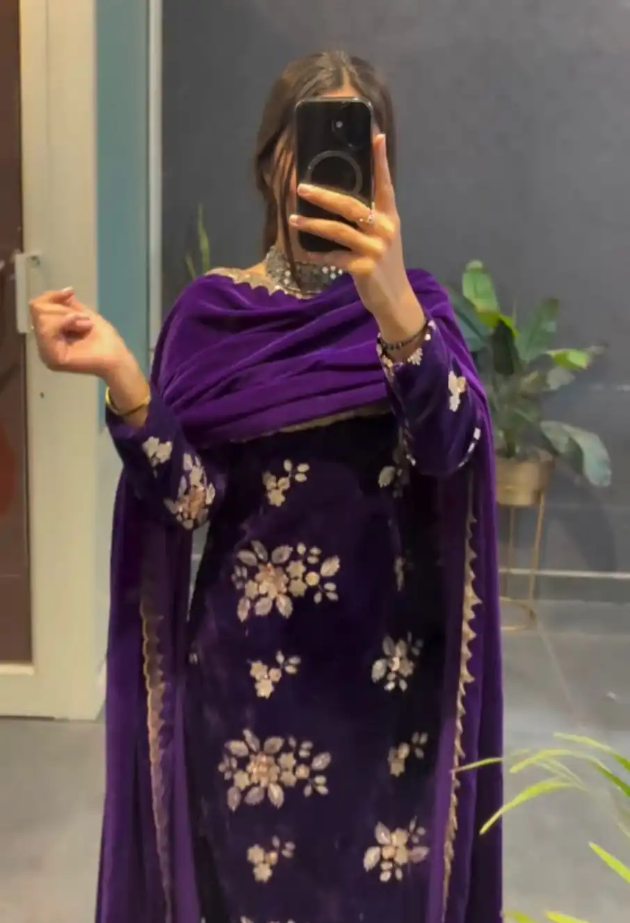 Purple Viscose Velvet Thread Work Salwar Suit - Image 2