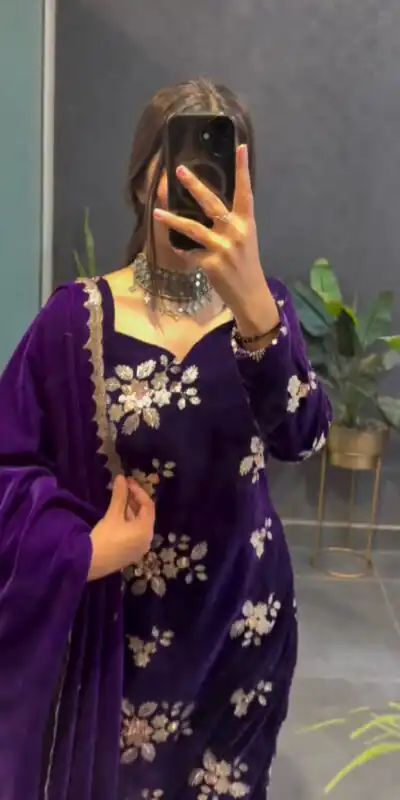 Purple Viscose Velvet Thread Work Salwar Suit