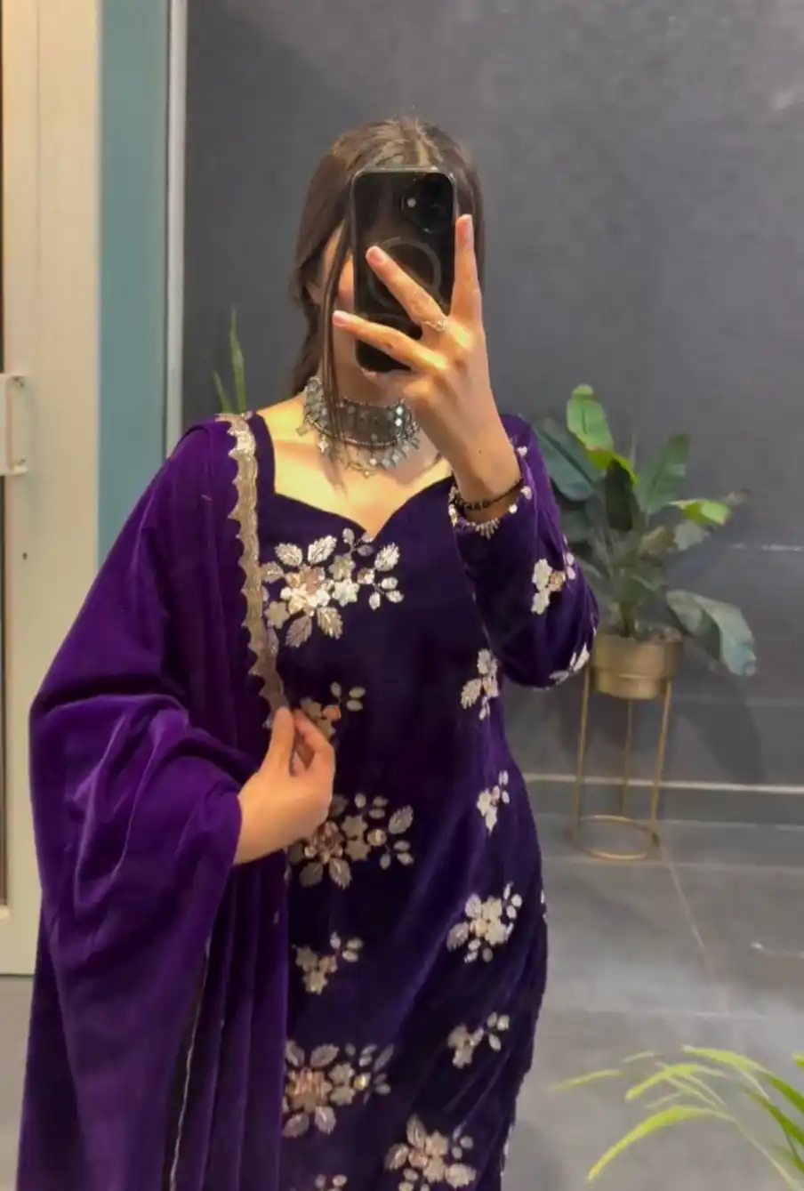 Purple Viscose Velvet Thread Work Salwar Suit