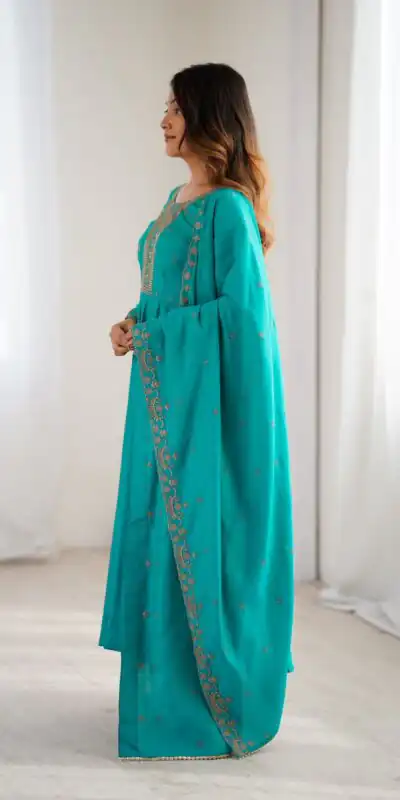 KB 288 Rama in Roman Shimmer Chanderi Silk Embroidery Work & Bead Work Salwar Suit . Grab it for ₹2399. Delivery 4-6 Working Days. Shop now. | Jump Suits, Tops & Bottoms, Track Suits, Trendy Wear, Salwar suit, Designer Suits, Casual Suits, Creative suits, Palazzo Suits, Party Wear Suits, Patiala Suits, Straight Suits