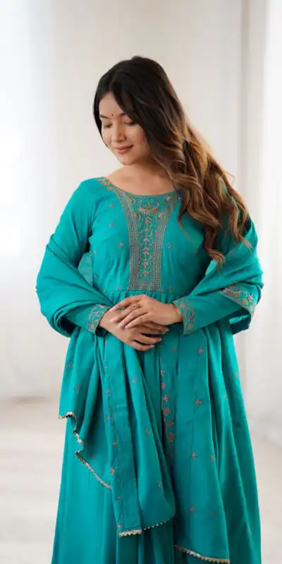 KB 288 Rama in Roman Shimmer Chanderi Silk Embroidery Work & Bead Work Salwar Suit . Grab it for ₹2399. Delivery 4-6 Working Days. Shop now. | Jump Suits, Tops & Bottoms, Track Suits, Trendy Wear, Salwar suit, Designer Suits, Casual Suits, Creative suits, Palazzo Suits, Party Wear Suits, Patiala Suits, Straight Suits