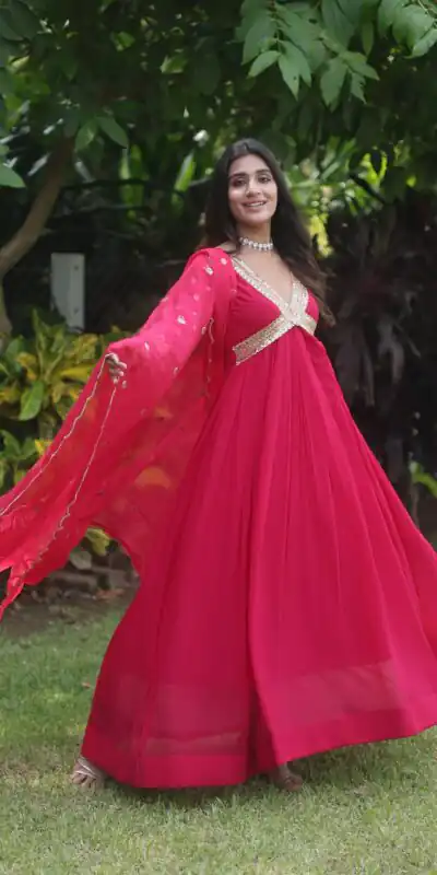 KA 1067 Rani Pink Faux Blooming Gown Perfect for Wedding, Party, Haldi, Raksha Bandhan, Traditional Day – . Exclusive Offer ₹1849. Delivery 4-6 Working Da | Gowns, Bollywood Gowns, Creative Gowns, Designer Gowns, Embroidered Gowns, Party Wear Gowns