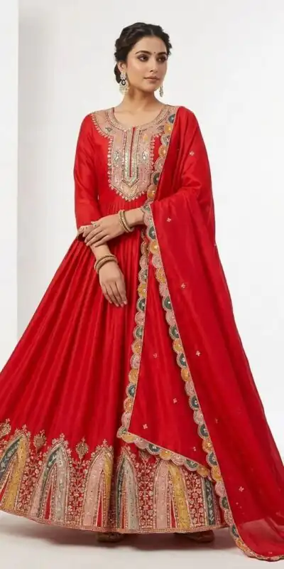 Red Chinon Silk Embroidery Work Salwar Suit