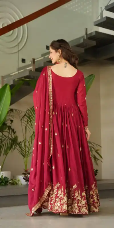 KA 1166 Red Color Chinnon Gown with Zari Work & Embroidery Work. Available at ₹2099 only. Delivery 4-6 Working Days. Shop now. | Gowns, Bollywood Gowns, Creative Gowns, Designer Gowns, Embroidered Gowns, Party Wear Gowns
