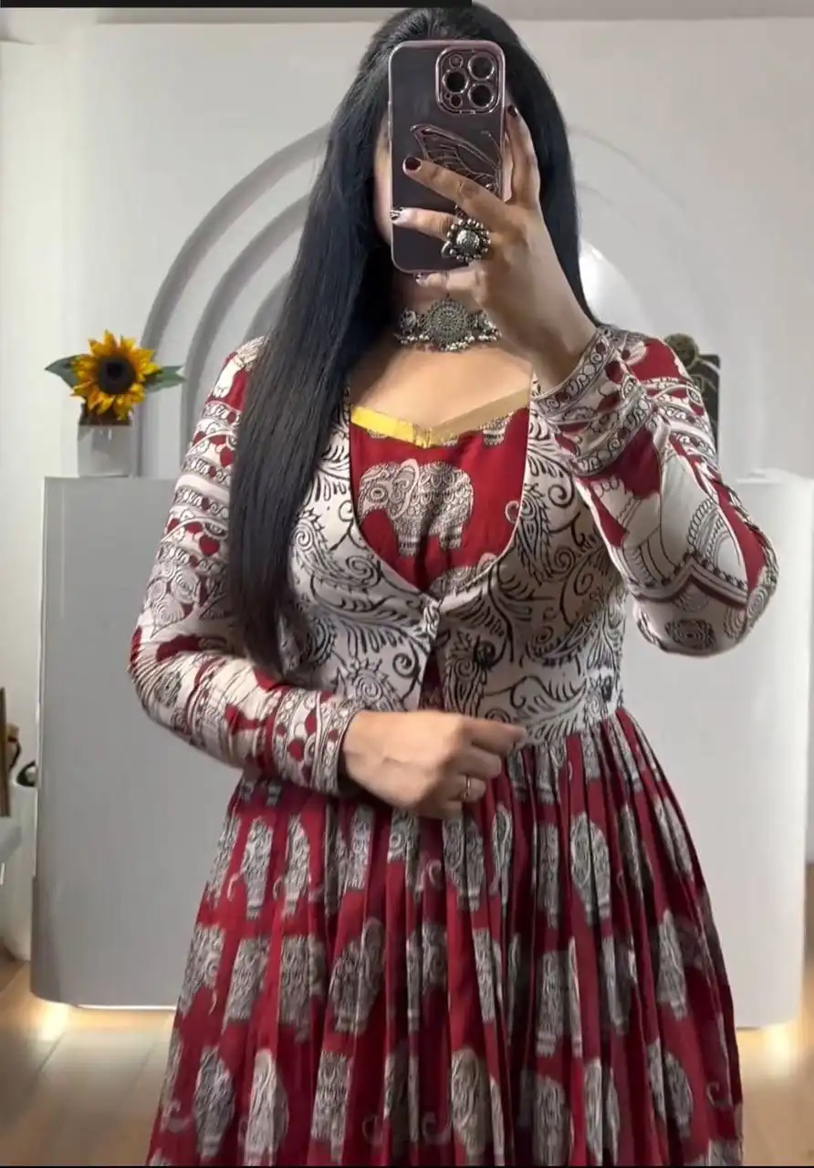 PC 423 Red in Cotton Kalamkari Print Gown . Wedding, Party, Festive, Events, Now at just ₹1879. Delivery 4-6 Working Days. Shop now. | Gowns, Bollywood Gowns, Creative Gowns, Designer Gowns, Embroidered Gowns, Party Wear Gowns