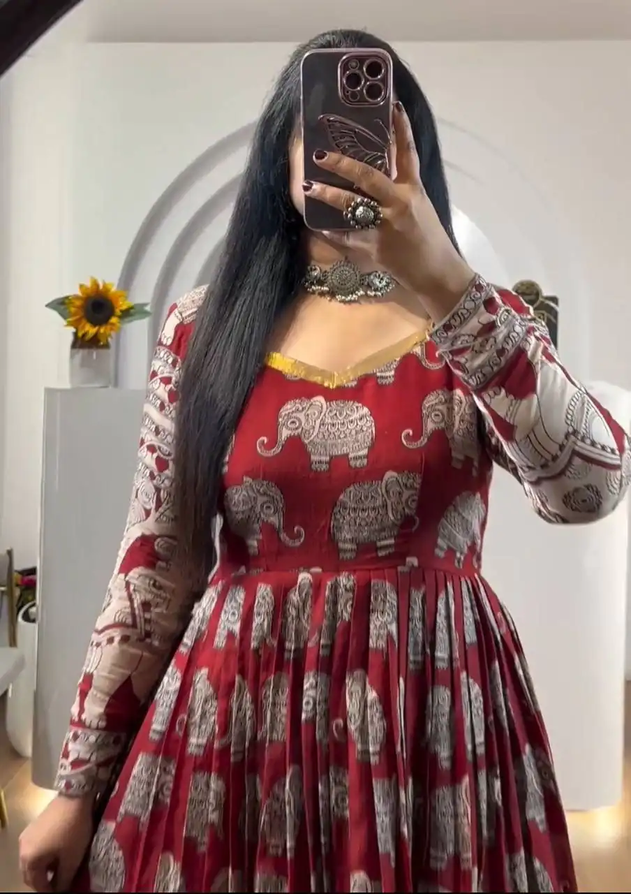 PC 423 Red in Cotton Kalamkari Print Gown . Wedding, Party, Festive, Events, Now at just ₹1879. Delivery 4-6 Working Days. Shop now. | Gowns, Bollywood Gowns, Creative Gowns, Designer Gowns, Embroidered Gowns, Party Wear Gowns