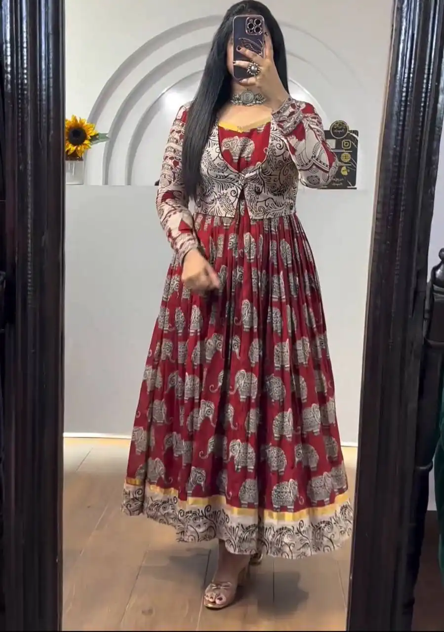 PC 423 Red in Cotton Kalamkari Print Gown . Wedding, Party, Festive, Events, Now at just ₹1879. Delivery 4-6 Working Days. Shop now. | Gowns, Bollywood Gowns, Creative Gowns, Designer Gowns, Embroidered Gowns, Party Wear Gowns