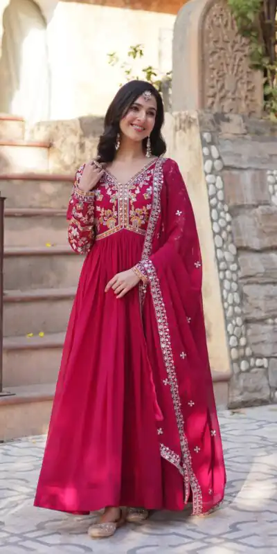 KA 1147 Red in Color Faux Blooming Embroidery Work & Zari Work Gown . Grab it for ₹2049. Delivery 4-6 Working Days. Shop now. | Gowns, Bollywood Gowns, Creative Gowns, Designer Gowns, Embroidered Gowns, Party Wear Gowns