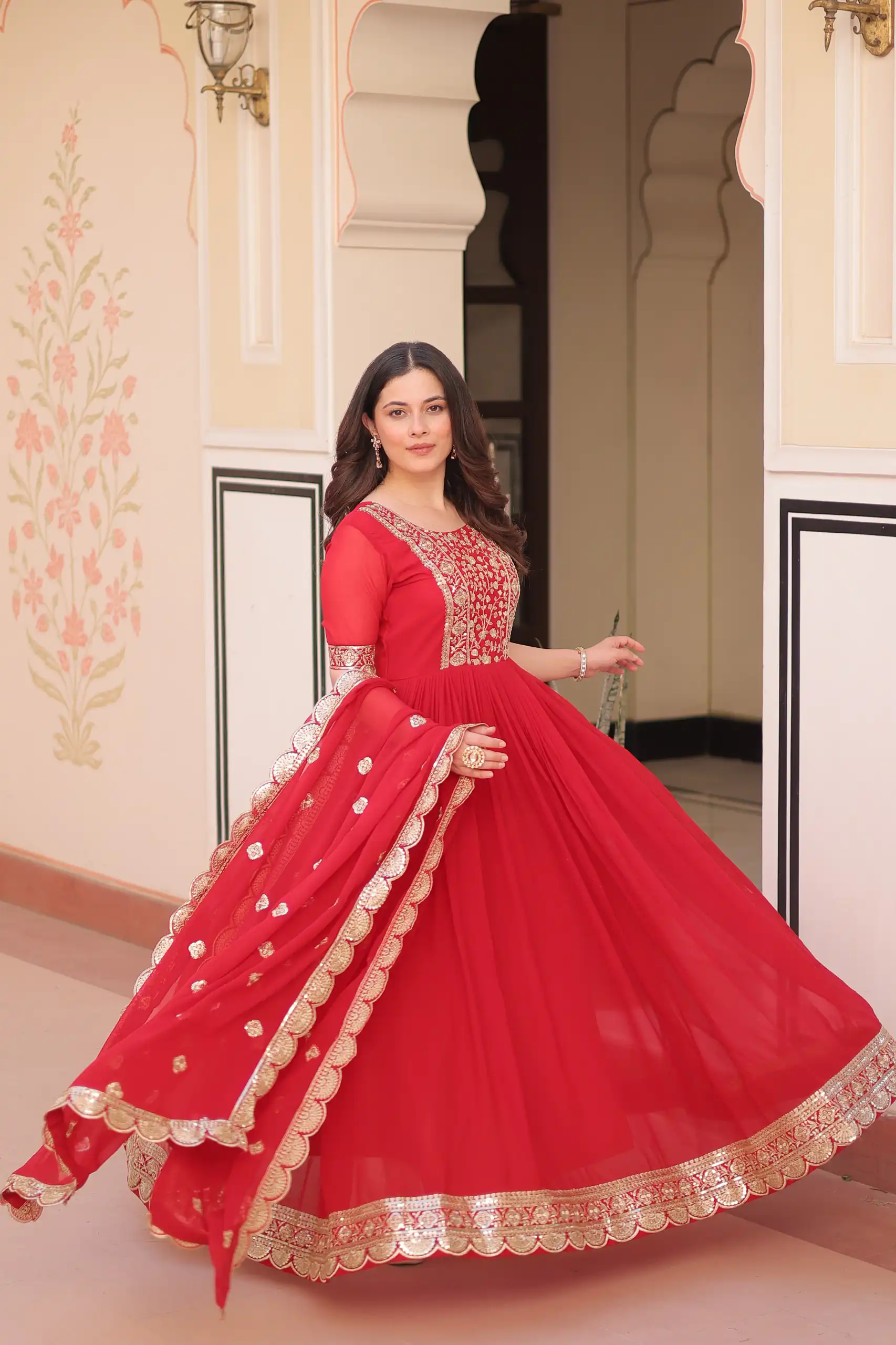 KA 1177 Red in Faux Blooming Embroidery Work & Zari Work Gown . Special Price ₹2049. Delivery 4-6 Working Days. Shop now. | Gowns, Bollywood Gowns, Creative Gowns, Designer Gowns, Embroidered Gowns, Party Wear Gowns