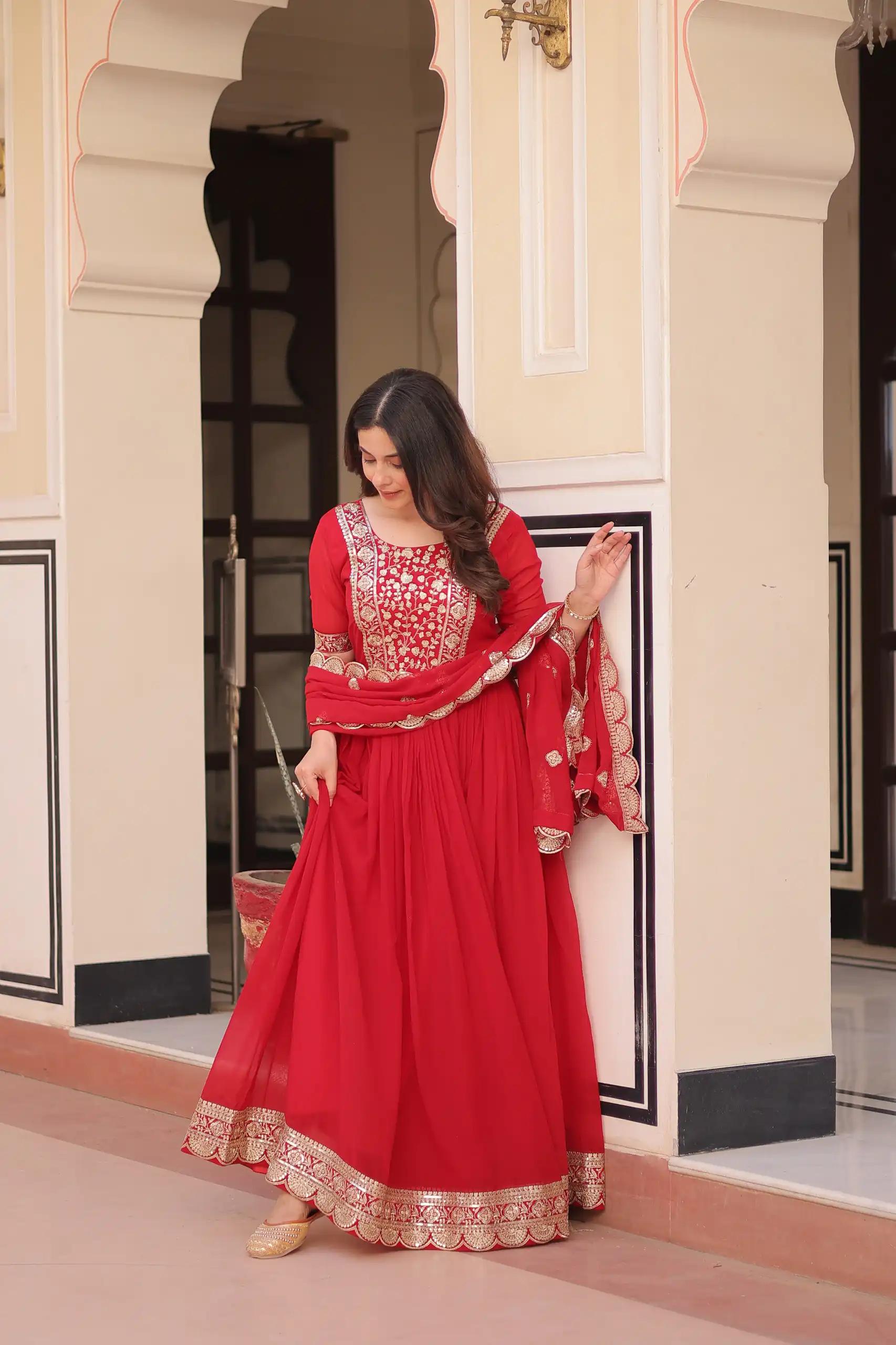 KA 1177 Red in Faux Blooming Embroidery Work & Zari Work Gown . Special Price ₹2049. Delivery 4-6 Working Days. Shop now. | Gowns, Bollywood Gowns, Creative Gowns, Designer Gowns, Embroidered Gowns, Party Wear Gowns