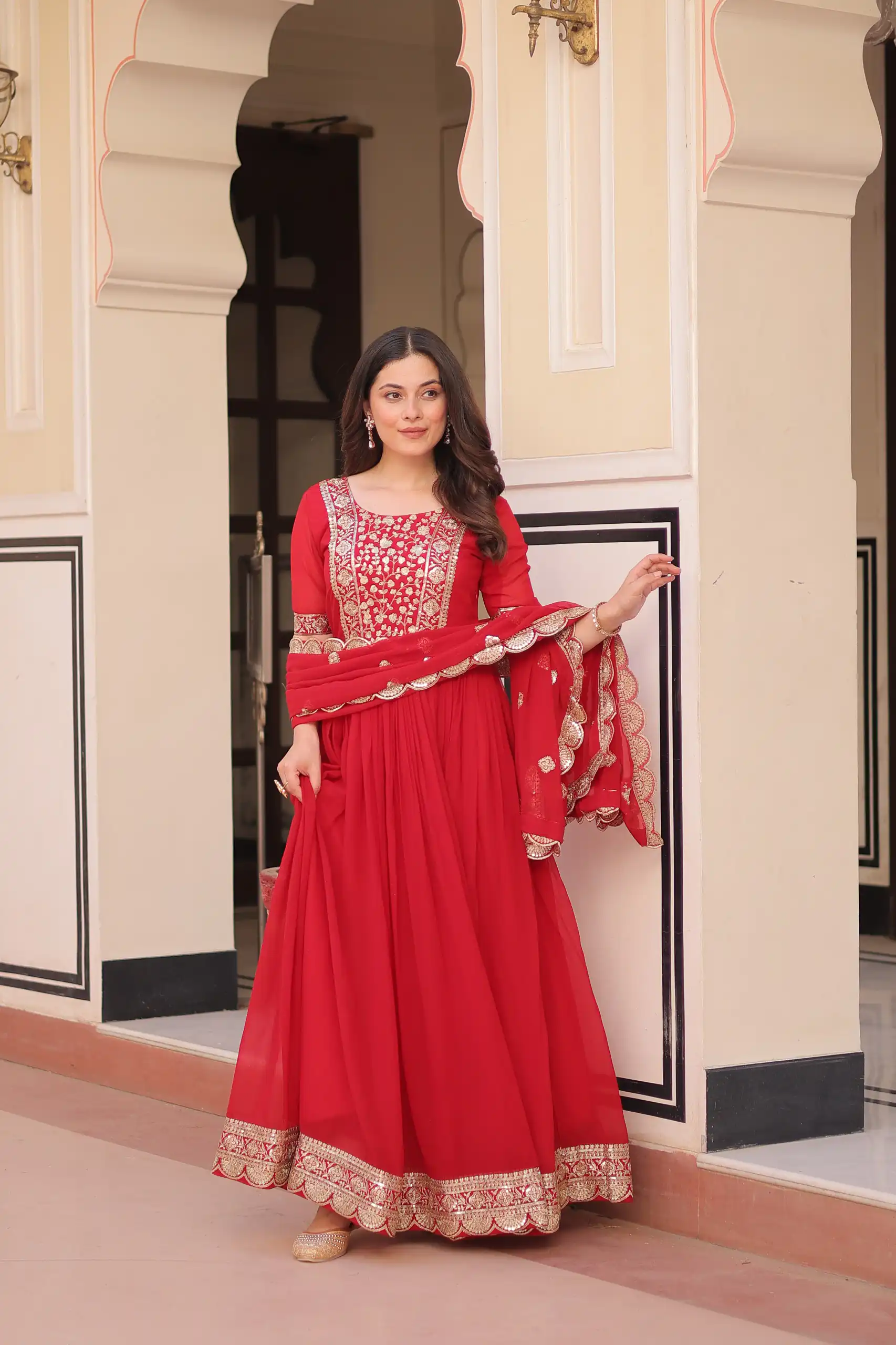 KA 1177 Red in Faux Blooming Embroidery Work & Zari Work Gown . Special Price ₹2049. Delivery 4-6 Working Days. Shop now. | Gowns, Bollywood Gowns, Creative Gowns, Designer Gowns, Embroidered Gowns, Party Wear Gowns