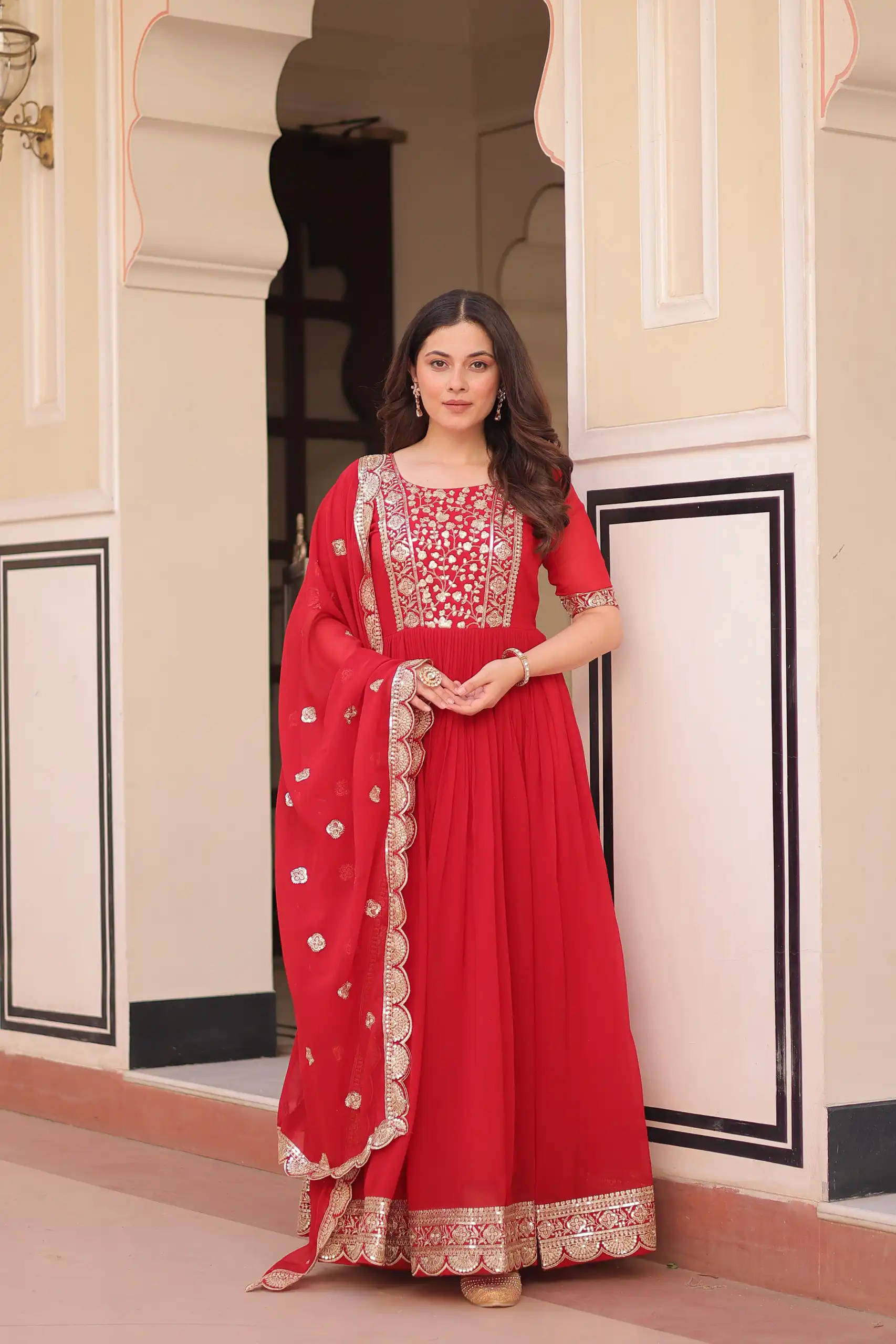 KA 1177 Red in Faux Blooming Embroidery Work & Zari Work Gown . Special Price ₹2049. Delivery 4-6 Working Days. Shop now. | Gowns, Bollywood Gowns, Creative Gowns, Designer Gowns, Embroidered Gowns, Party Wear Gowns