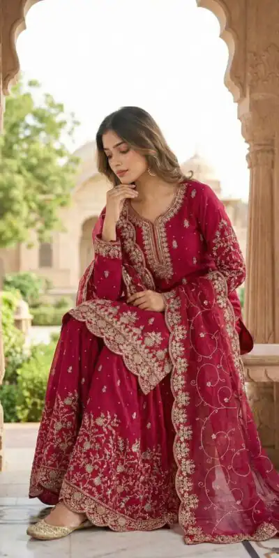 SRK 5319 Red in Organza Silk Embroidery Work & Lace Work Salwar Suit . Now at just ₹2549. Delivery 4-6 Working Days. Shop now. | Jump Suits, Tops & Bottoms, Track Suits, Trendy Wear, Salwar suit, Designer Suits, Casual Suits, Creative suits, Palazzo Suits, Party Wear Suits, Patiala Suits, Straight Suits