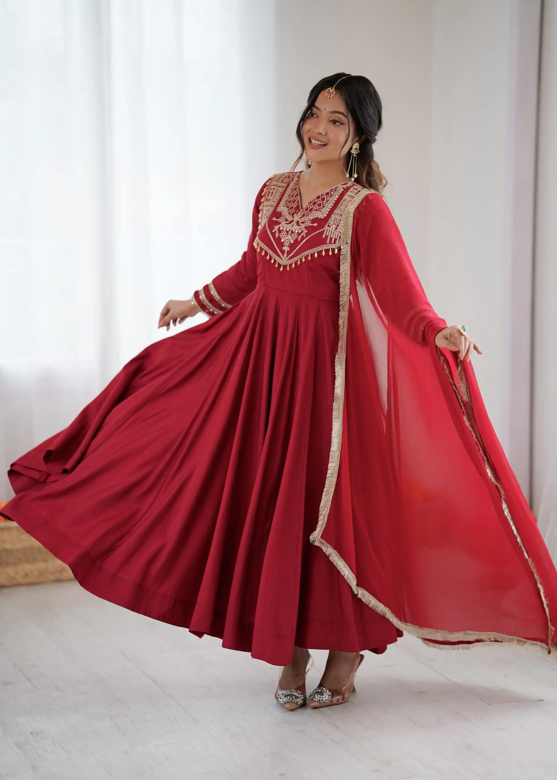 ZSR 3149 Red Roman silk Gown Perfect for Wedding, Party, Sangeet, Haldi, Lohri – . Introductory Price ₹2099. Delivery 4-6 Working Days. Shop now. | Gowns, Bollywood Gowns, Creative Gowns, Designer Gowns, Embroidered Gowns, Party Wear Gowns