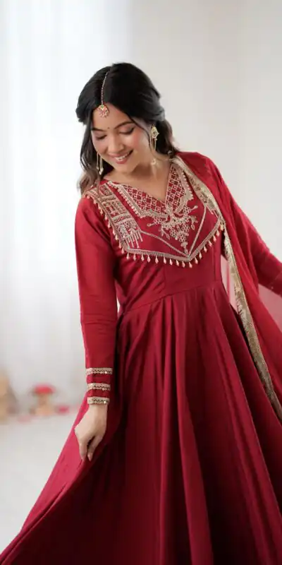 ZSR 3149 Red Roman silk Gown Perfect for Wedding, Party, Sangeet, Haldi, Lohri – . Introductory Price ₹2099. Delivery 4-6 Working Days. Shop now. | Gowns, Bollywood Gowns, Creative Gowns, Designer Gowns, Embroidered Gowns, Party Wear Gowns