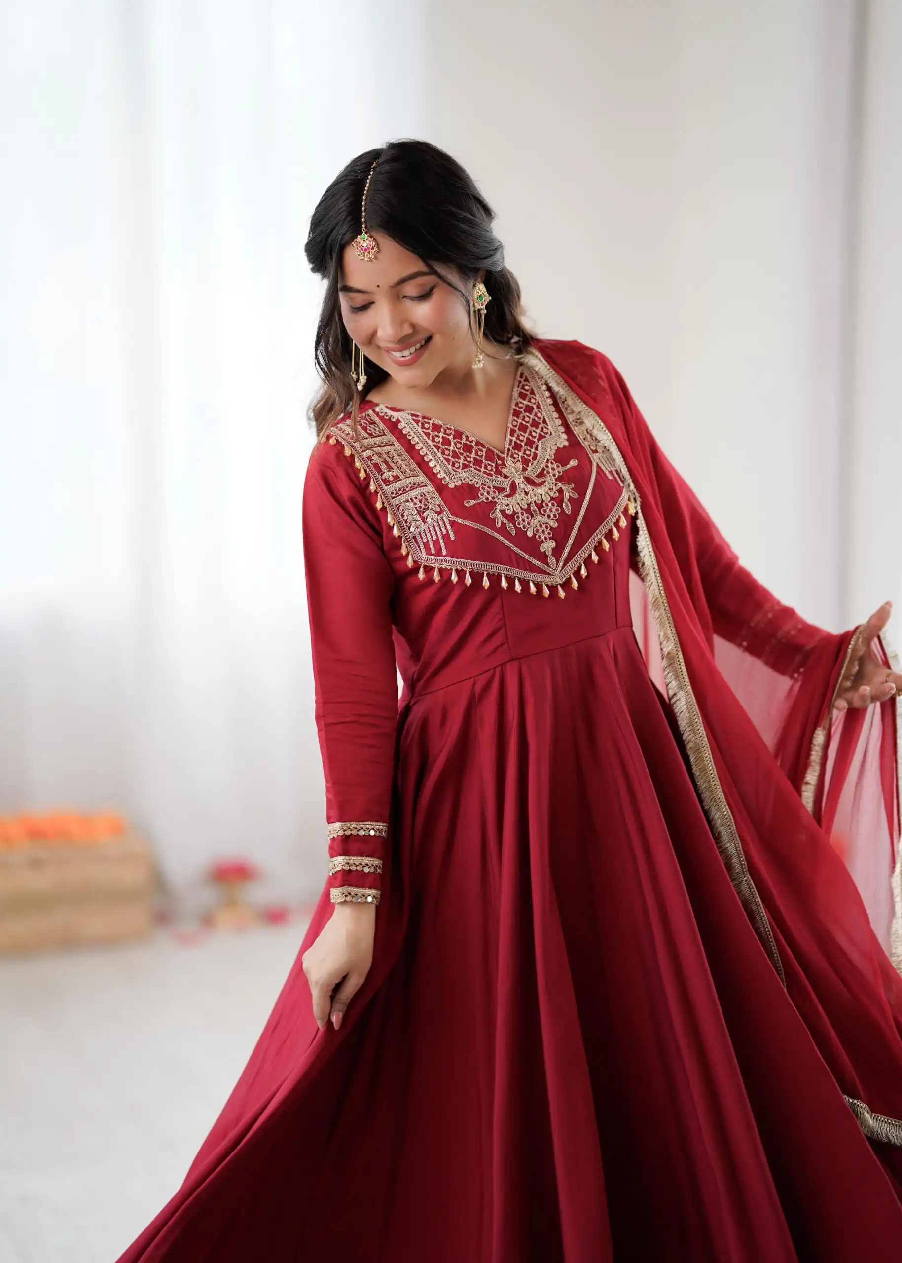 ZSR 3149 Red Roman silk Gown Perfect for Wedding, Party, Sangeet, Haldi, Lohri – . Introductory Price ₹2099. Delivery 4-6 Working Days. Shop now. | Gowns, Bollywood Gowns, Creative Gowns, Designer Gowns, Embroidered Gowns, Party Wear Gowns