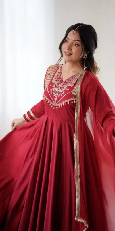 ZSR 3149 Red Roman silk Gown Perfect for Wedding, Party, Sangeet, Haldi, Lohri – . Introductory Price ₹2099. Delivery 4-6 Working Days. Shop now. | Gowns, Bollywood Gowns, Creative Gowns, Designer Gowns, Embroidered Gowns, Party Wear Gowns