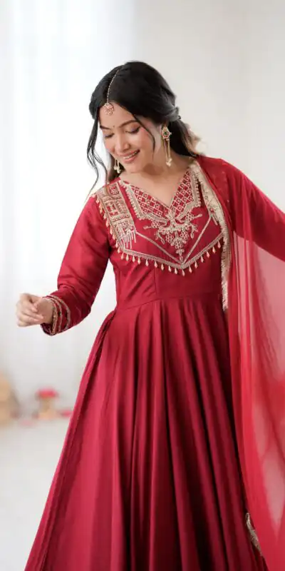 ZSR 3149 Red Roman silk Gown Perfect for Wedding, Party, Sangeet, Haldi, Lohri – . Introductory Price ₹2099. Delivery 4-6 Working Days. Shop now. | Gowns, Bollywood Gowns, Creative Gowns, Designer Gowns, Embroidered Gowns, Party Wear Gowns