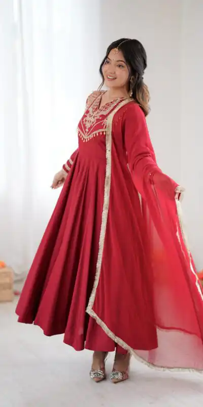 ZSR 3149 Red Roman silk Gown Perfect for Wedding, Party, Sangeet, Haldi, Lohri – . Introductory Price ₹2099. Delivery 4-6 Working Days. Shop now. | Gowns, Bollywood Gowns, Creative Gowns, Designer Gowns, Embroidered Gowns, Party Wear Gowns