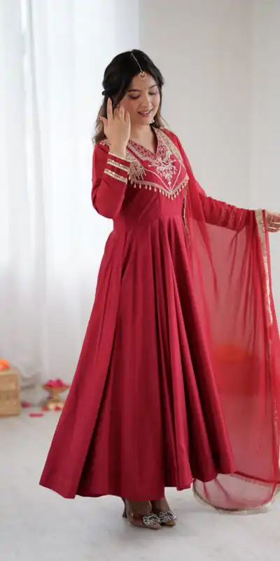 ZSR 3149 Red Roman silk Gown Perfect for Wedding, Party, Sangeet, Haldi, Lohri – . Introductory Price ₹2099. Delivery 4-6 Working Days. Shop now. | Gowns, Bollywood Gowns, Creative Gowns, Designer Gowns, Embroidered Gowns, Party Wear Gowns