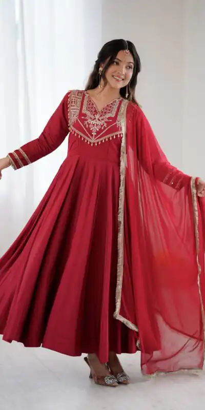 ZSR 3149 Red Roman silk Gown Perfect for Wedding, Party, Sangeet, Haldi, Lohri – . Introductory Price ₹2099. Delivery 4-6 Working Days. Shop now. | Gowns, Bollywood Gowns, Creative Gowns, Designer Gowns, Embroidered Gowns, Party Wear Gowns