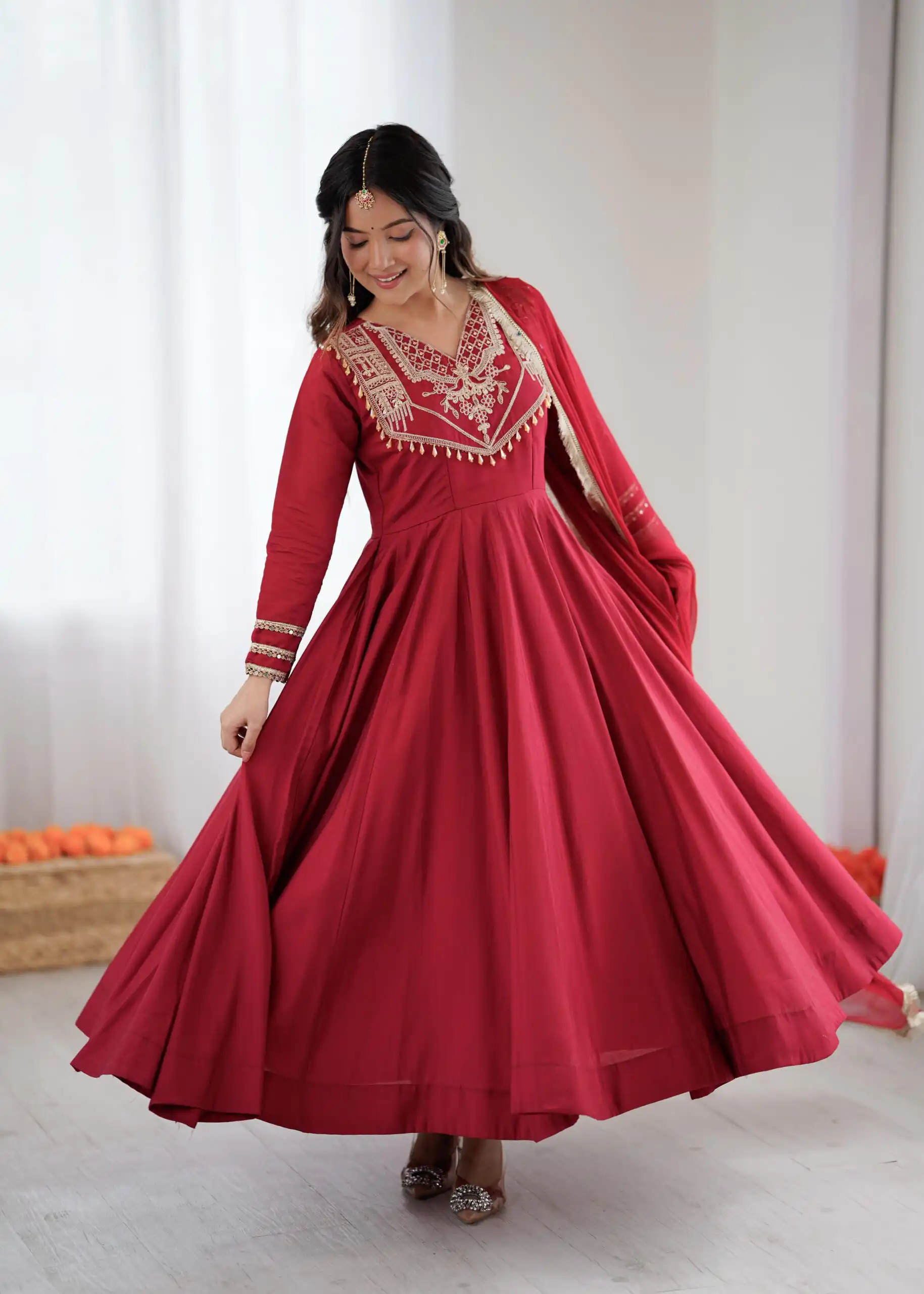 ZSR 3149 Red Roman silk Gown Perfect for Wedding, Party, Sangeet, Haldi, Lohri – . Introductory Price ₹2099. Delivery 4-6 Working Days. Shop now. | Gowns, Bollywood Gowns, Creative Gowns, Designer Gowns, Embroidered Gowns, Party Wear Gowns