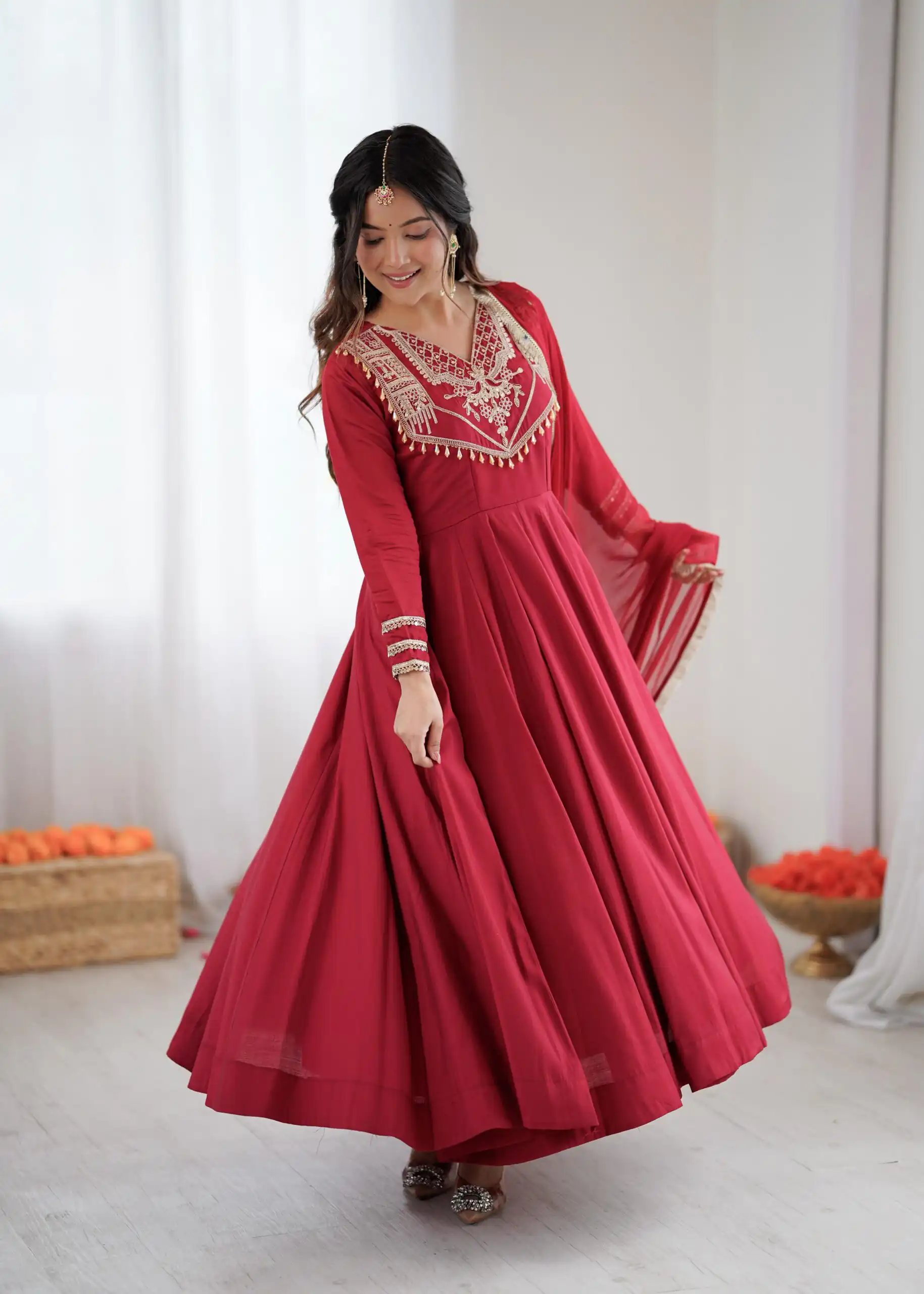 ZSR 3149 Red Roman silk Gown Perfect for Wedding, Party, Sangeet, Haldi, Lohri – . Introductory Price ₹2099. Delivery 4-6 Working Days. Shop now. | Gowns, Bollywood Gowns, Creative Gowns, Designer Gowns, Embroidered Gowns, Party Wear Gowns