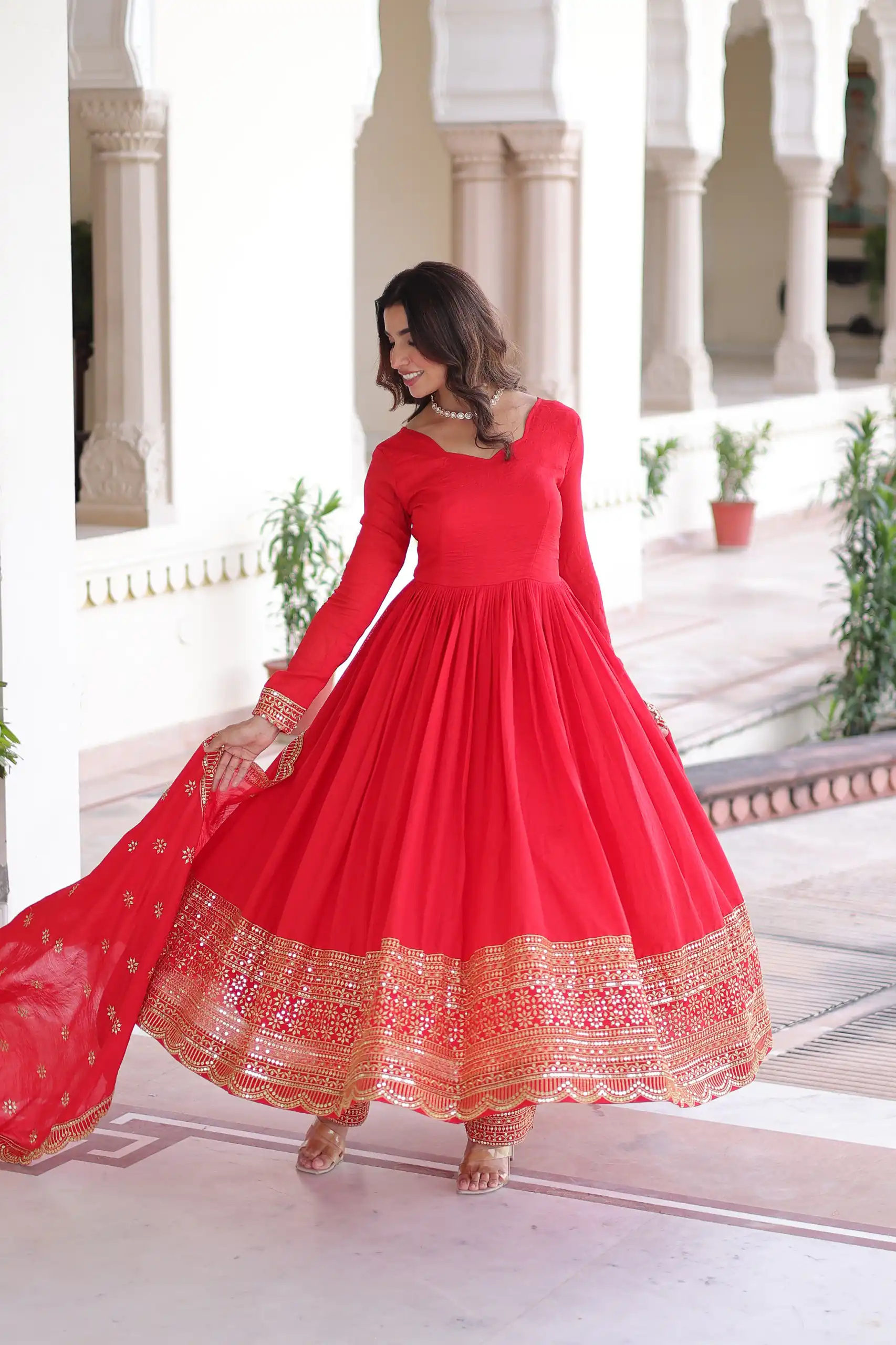 KA 1209 Red Vichitra Silk Gown with Embroidery Work & Sequins Work. Get it for ₹2499. Delivery 4-6 Working Days. Shop now. | Gowns, Bollywood Gowns, Creative Gowns, Designer Gowns, Embroidered Gowns, Party Wear Gowns