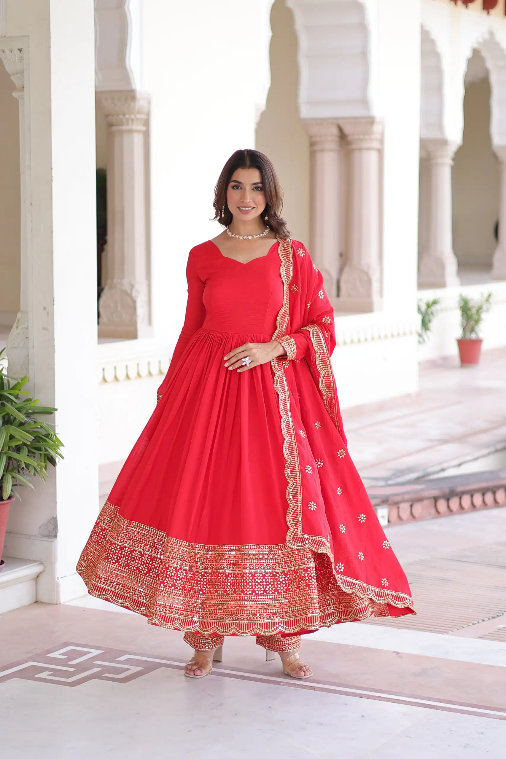 KA 1209 Red Vichitra Silk Gown with Embroidery Work & Sequins Work. Get it for ₹2499. Delivery 4-6 Working Days. Shop now. | Gowns, Bollywood Gowns, Creative Gowns, Designer Gowns, Embroidered Gowns, Party Wear Gowns