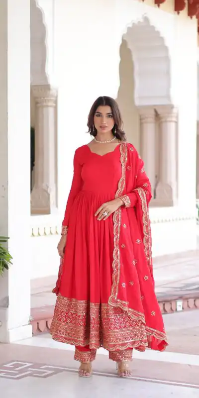 KA 1209 Red Vichitra Silk Gown with Embroidery Work & Sequins Work. Get it for ₹2499. Delivery 4-6 Working Days. Shop now. | Gowns, Bollywood Gowns, Creative Gowns, Designer Gowns, Embroidered Gowns, Party Wear Gowns