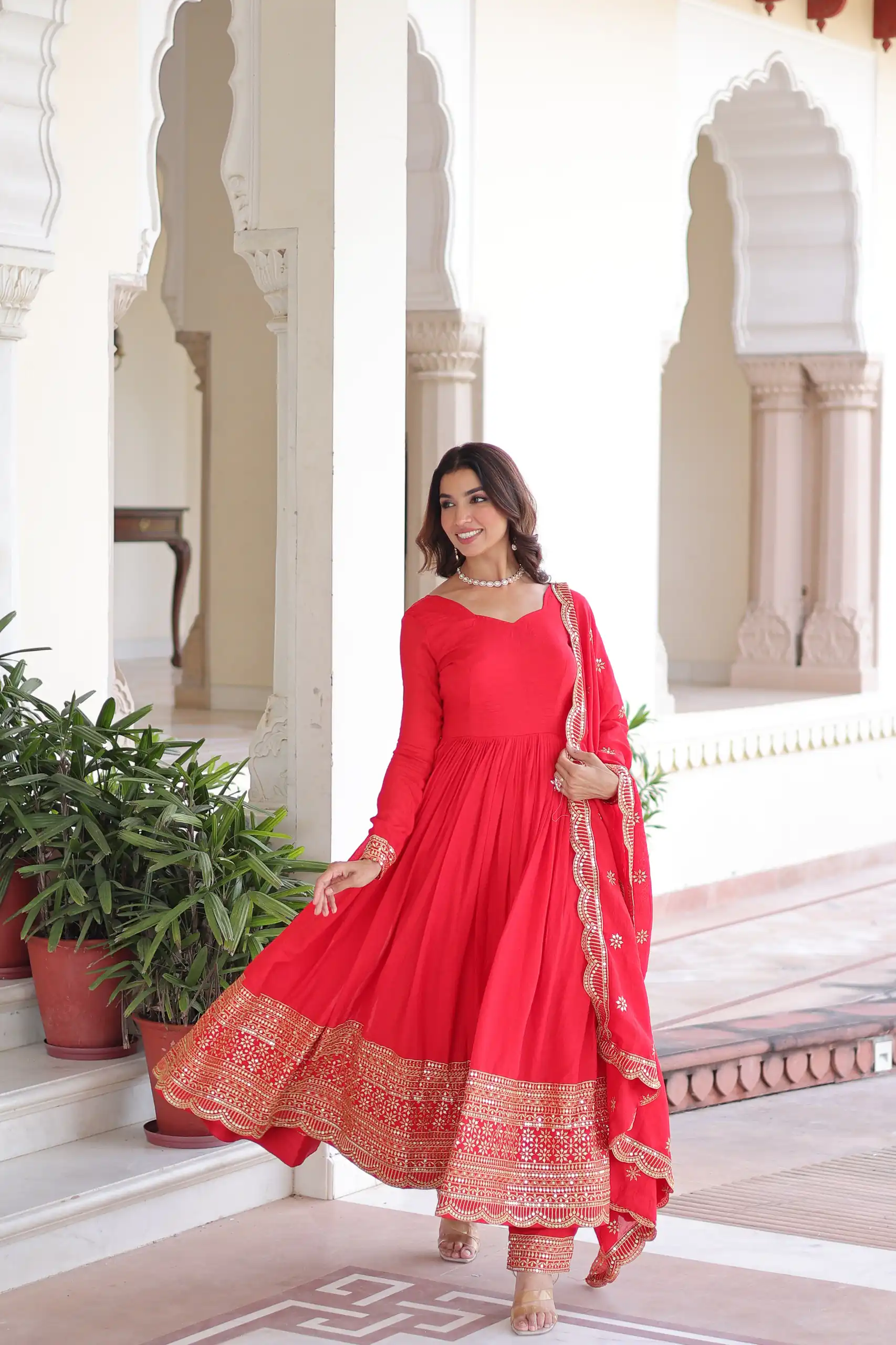 KA 1209 Red Vichitra Silk Gown with Embroidery Work & Sequins Work. Get it for ₹2499. Delivery 4-6 Working Days. Shop now. | Gowns, Bollywood Gowns, Creative Gowns, Designer Gowns, Embroidered Gowns, Party Wear Gowns