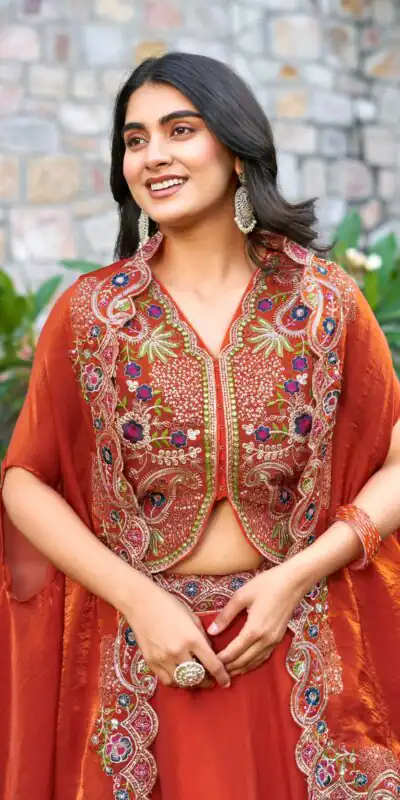 Ram 141 Rust Fendy Silk Lehenga Choli with Embroidery Work. Available at ₹3099 only. Delivery 4-6 Working Days. Shop now. | Lehenga, Bollywood Lehenga, Creative Lehenga, Designer Lehenga, Embroidered Lehenga, Party Wear Lehenga