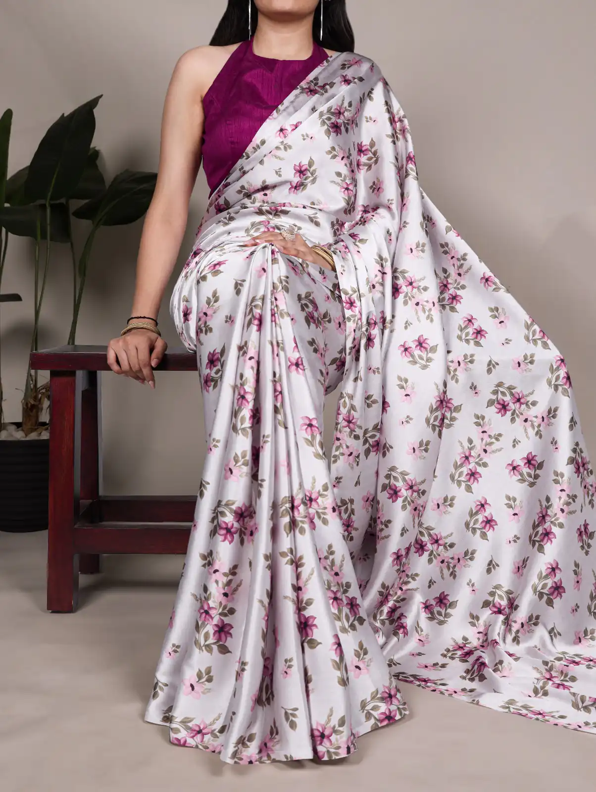 Silver Satin Silk Floral Print Saree