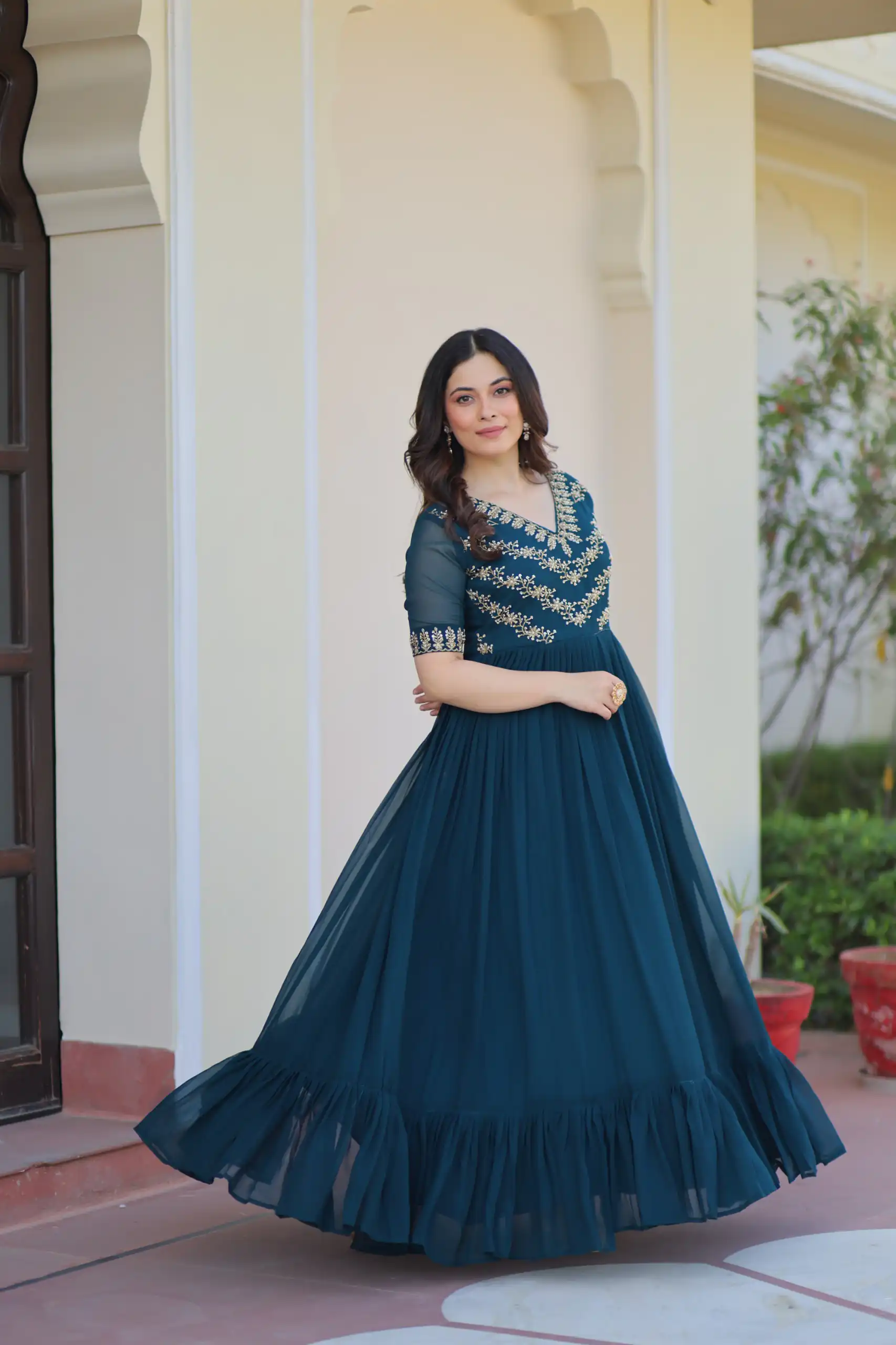KA 1172 Teal in Faux Blooming Embroidery Work & Sequins Work Gown . Affordable Price ₹1749. Delivery 4-6 Working Days. Shop now. | Gowns, Bollywood Gowns, Creative Gowns, Designer Gowns, Embroidered Gowns, Party Wear Gowns