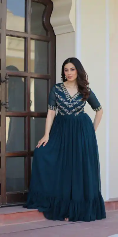 KA 1172 Teal in Faux Blooming Embroidery Work & Sequins Work Gown . Affordable Price ₹1749. Delivery 4-6 Working Days. Shop now. | Gowns, Bollywood Gowns, Creative Gowns, Designer Gowns, Embroidered Gowns, Party Wear Gowns