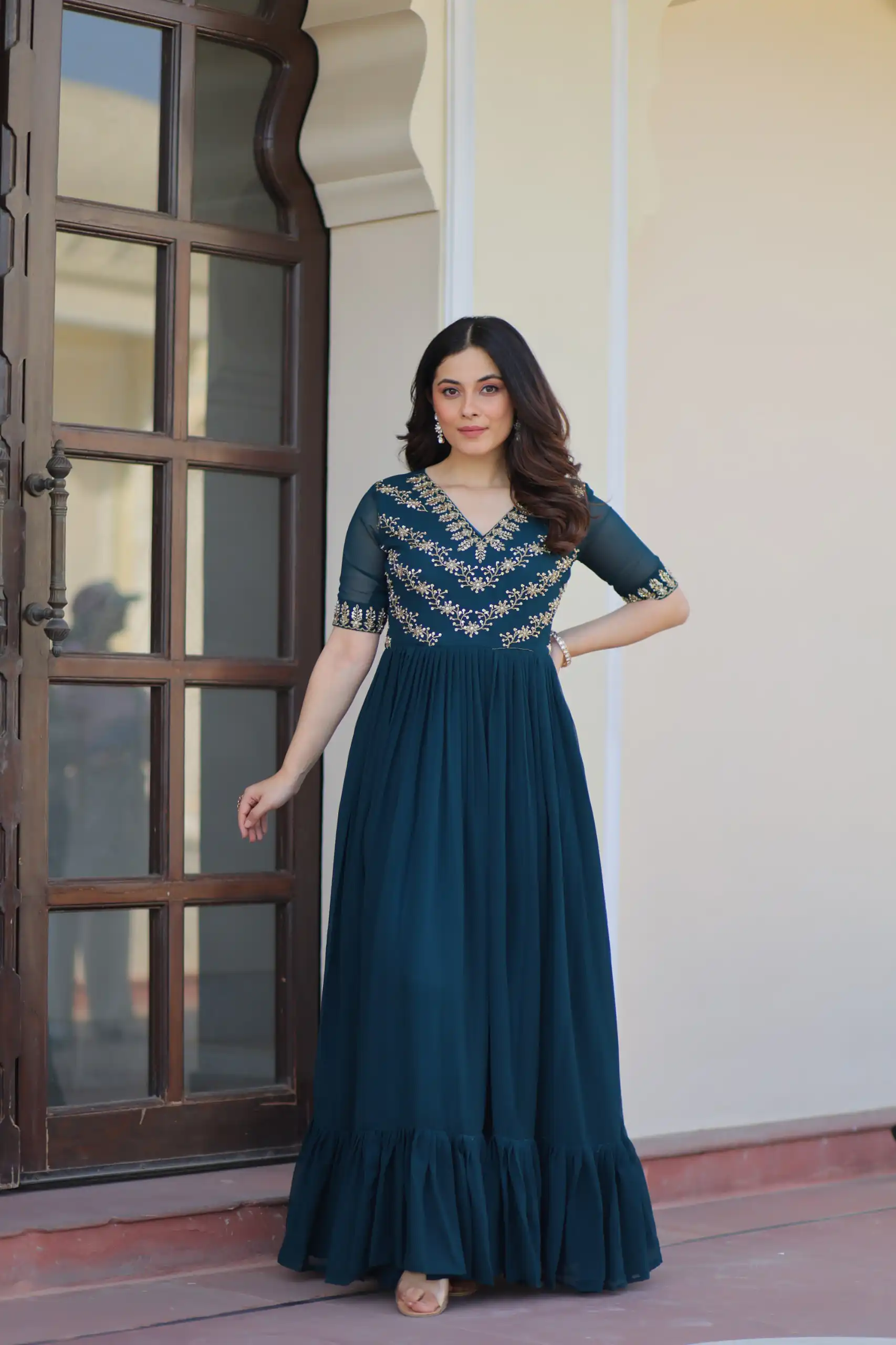 KA 1172 Teal in Faux Blooming Embroidery Work & Sequins Work Gown . Affordable Price ₹1749. Delivery 4-6 Working Days. Shop now. | Gowns, Bollywood Gowns, Creative Gowns, Designer Gowns, Embroidered Gowns, Party Wear Gowns