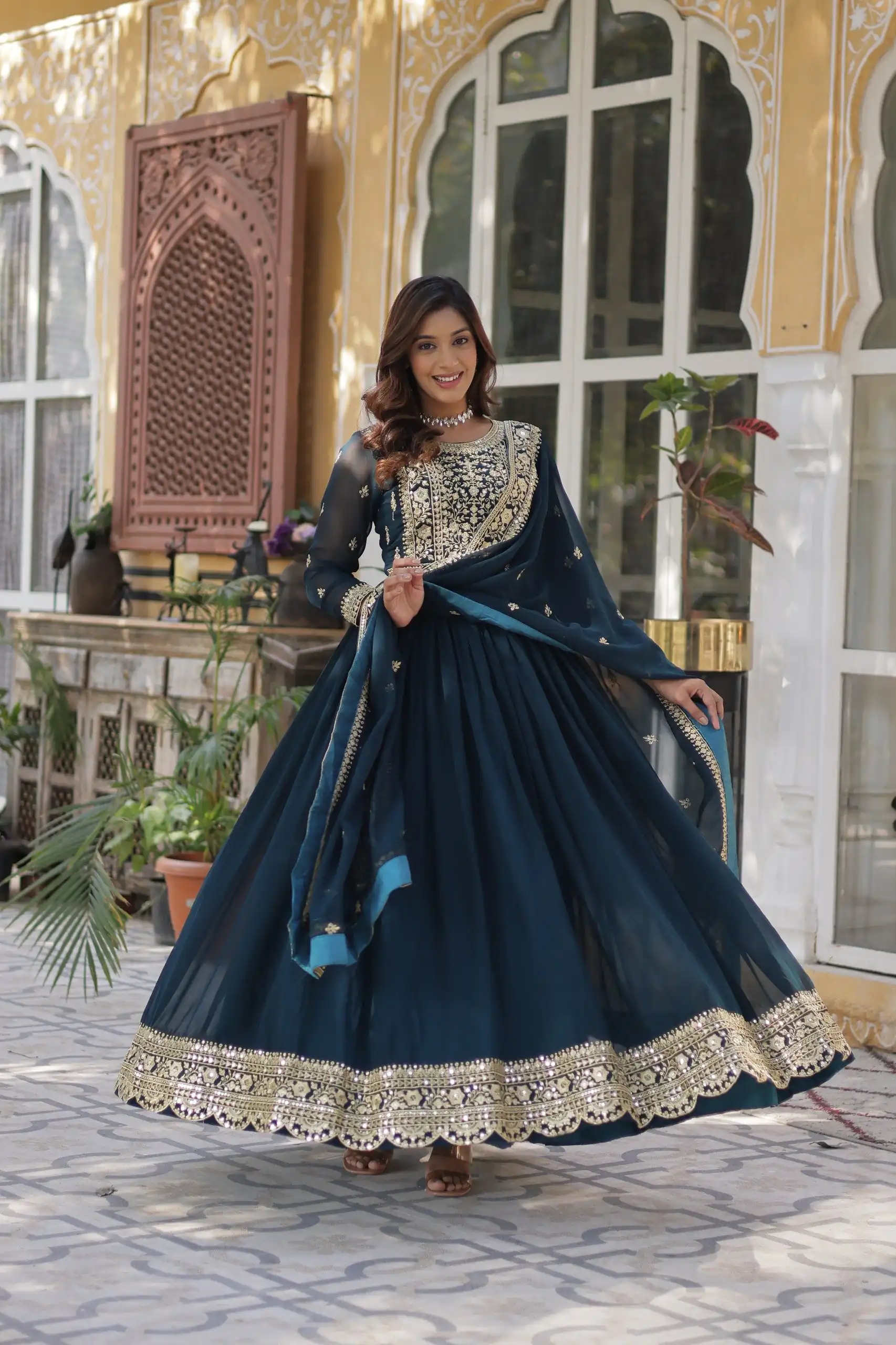 KA 1153 Teal Faux Blooming Gown with Embroidery Work & Zari Work. Available at ₹2599 only. Delivery 4-6 Working Days. Shop now. | Gowns, Bollywood Gowns, Creative Gowns, Designer Gowns, Embroidered Gowns, Party Wear Gowns