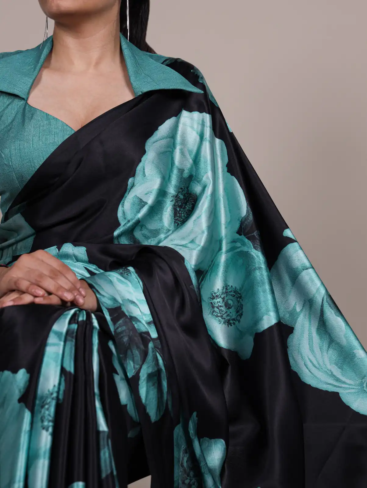 Teal Satin Silk Floral Print Saree - Image 2