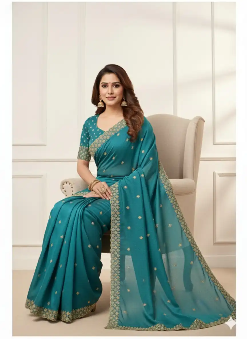 JR 659 Teal in Color Star Georgette Embroidery Work Saree . Available at ₹1799 only. Delivery 4-6 Working Days. Shop now. | Sarees, Bollywood Sarees, Creative Sarees, Designer Sarees, Embroidered Sarees, Ethnic Saree, Modern Digital sarees, Party Wear Sarees