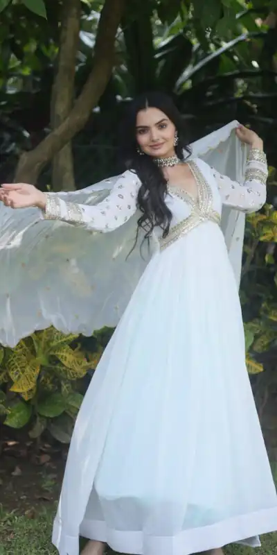 KA 1067 White Faux Blooming Gown Perfect for Wedding, Party, Haldi, Raksha Bandhan, Traditional Day – . Exclusive Offer ₹1849. Delivery 4-6 Working Da | Gowns, Bollywood Gowns, Creative Gowns, Designer Gowns, Embroidered Gowns, Party Wear Gowns