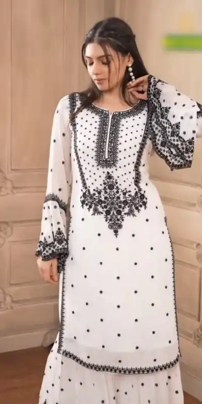DC 111 White Fox Georgette Salwar Suit with Embroidery Work & Thread Embroidery. Available at ₹2449 only. Delivery 4-6 Working Days. Shop now. | Jump Suits, Tops & Bottoms, Track Suits, Trendy Wear, Salwar suit, Designer Suits, Casual Suits, Creative suits, Palazzo Suits, Party Wear Suits, Patiala Suits, Straight Suits