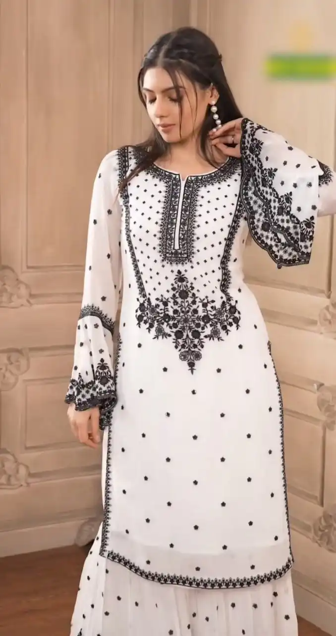 DC 111 White Fox Georgette Salwar Suit with Embroidery Work & Thread Embroidery. Available at ₹2449 only. Delivery 4-6 Working Days. Shop now. | Jump Suits, Tops & Bottoms, Track Suits, Trendy Wear, Salwar suit, Designer Suits, Casual Suits, Creative suits, Palazzo Suits, Party Wear Suits, Patiala Suits, Straight Suits